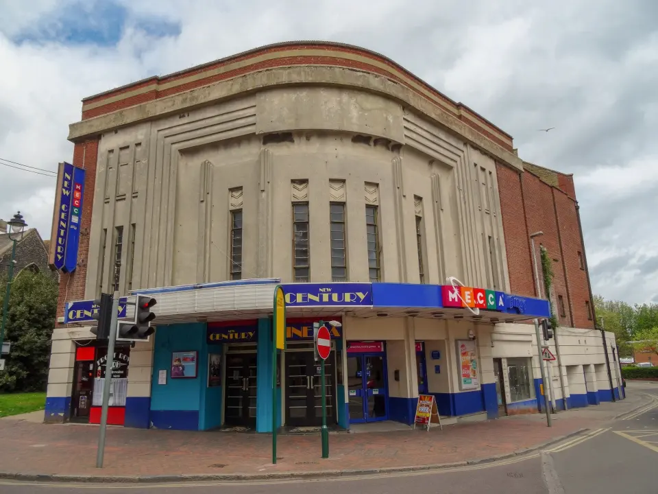 An art deco cinema building on a street corner in Sittingbourne, Kent