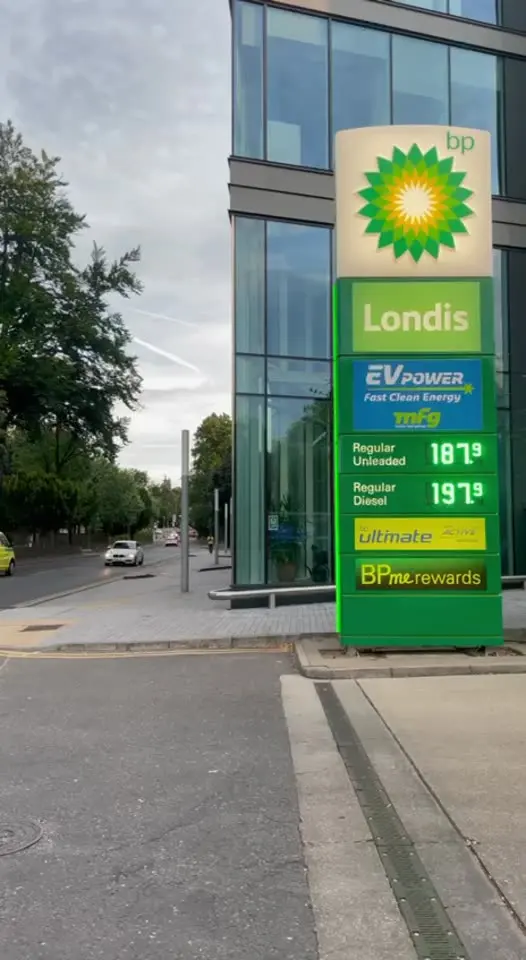 A BP forecourt with a price board