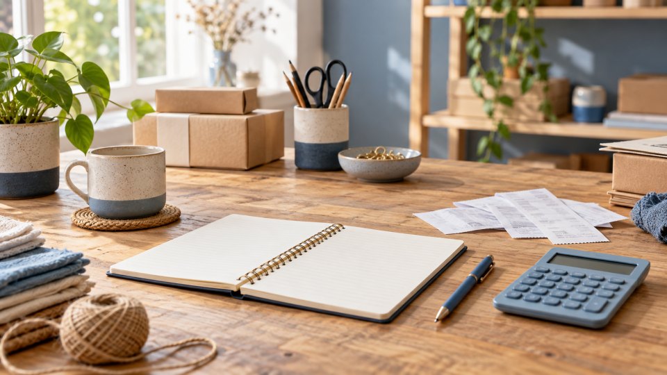 Small business worktable with a calculator, notebook and receipts