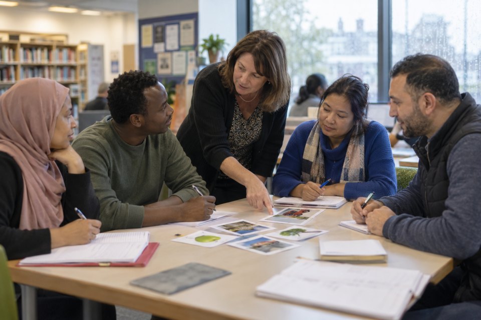 Adult learners studying English with a teacher in a British library