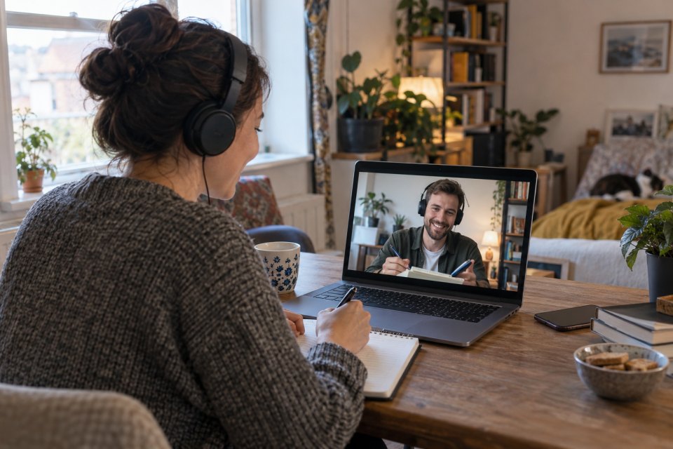 Two adult language partners talk by video and take notes