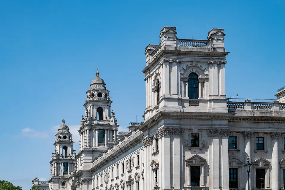 The facade of the Treasury building on Whitehall in London
