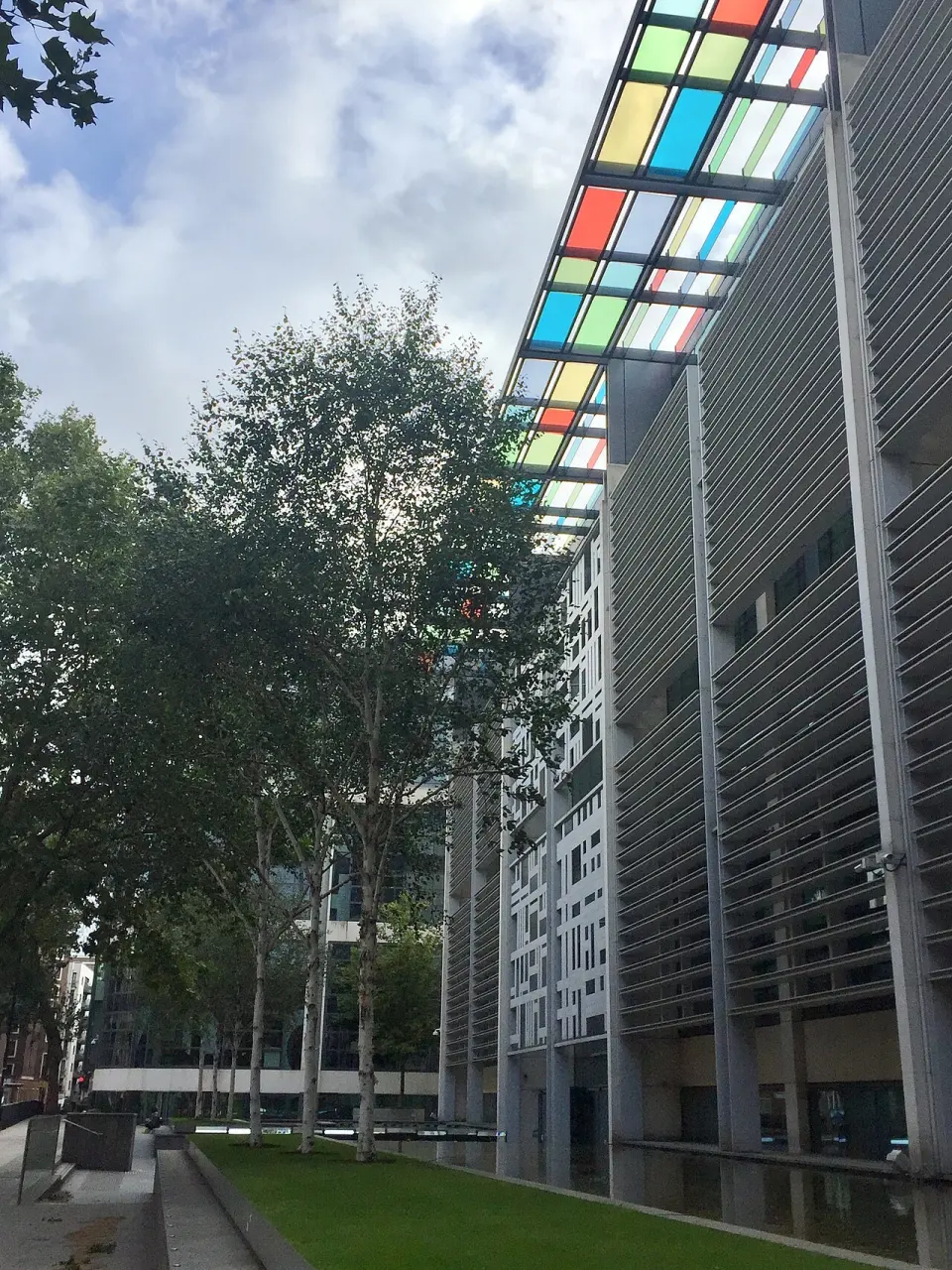 The Home Office building on Marsham Street in London with its coloured glass canopy