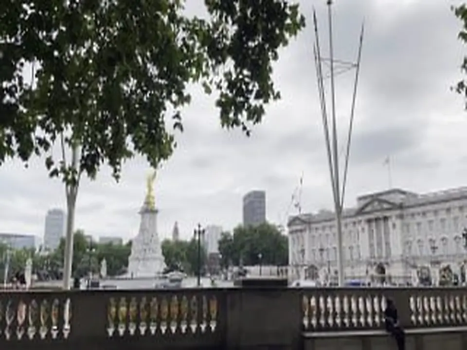A London park with a palace and flagpole in the distance