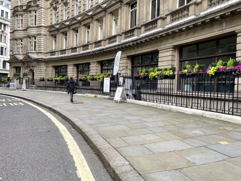 Facades of period London houses with iron railings and window boxes