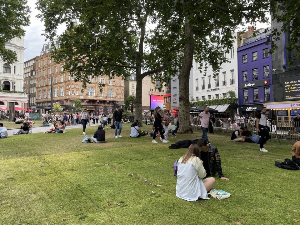 People sitting on the grass in a London square