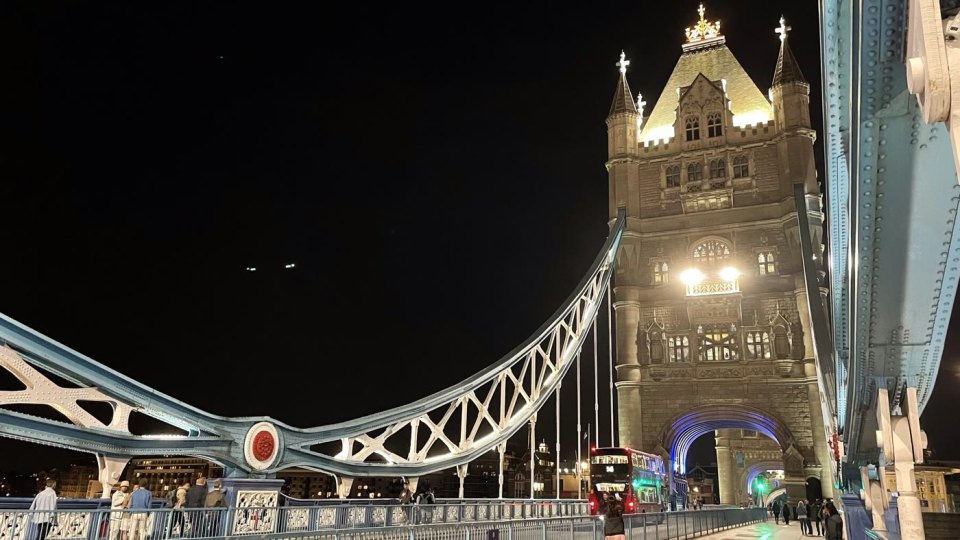 Tower Bridge in London lit up at night