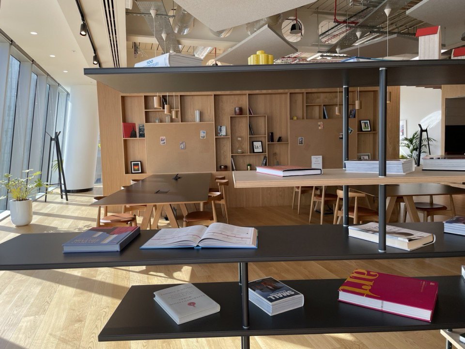A workspace with books and tables