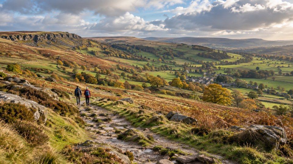 An autumn English national park landscape with a footpath and two walkers