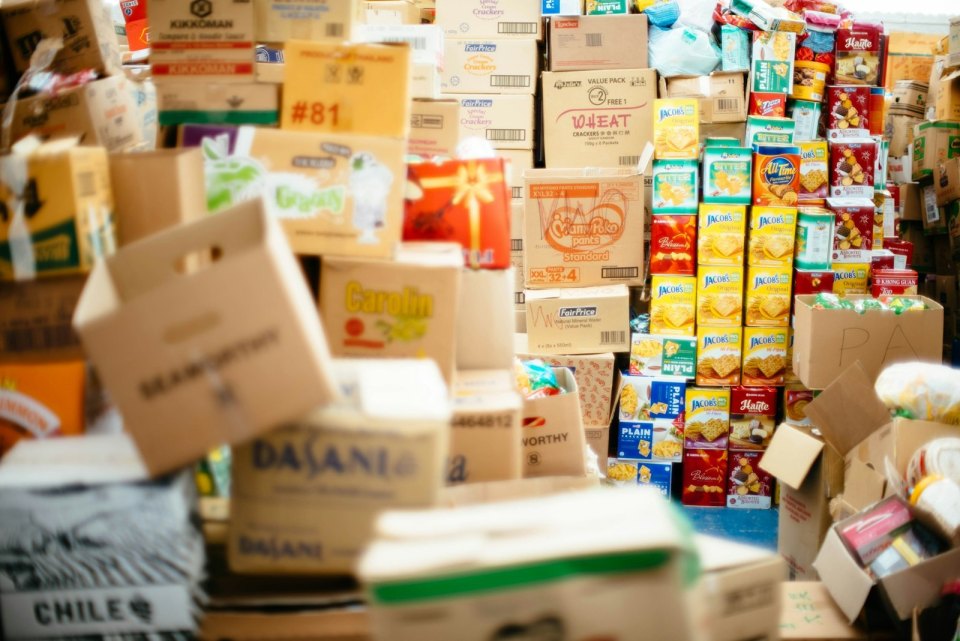 Boxes of goods stacked in a warehouse