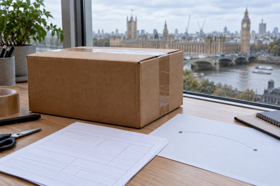 A sealed parcel and blank customs form on a desk overlooking London