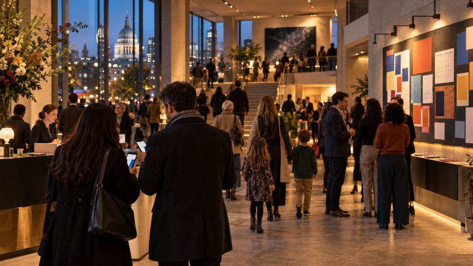 Visitors entering a modern London cultural venue before an evening programme