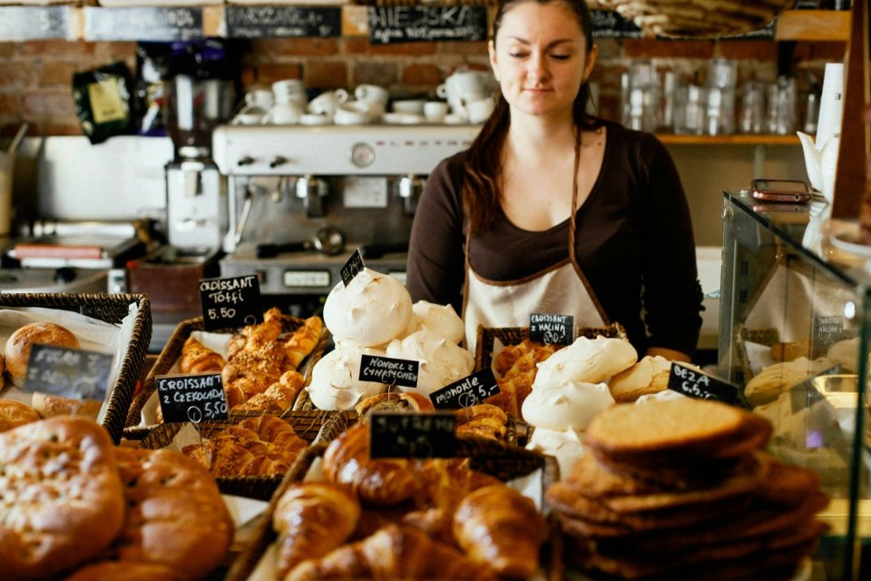 A bakery counter full of pastries