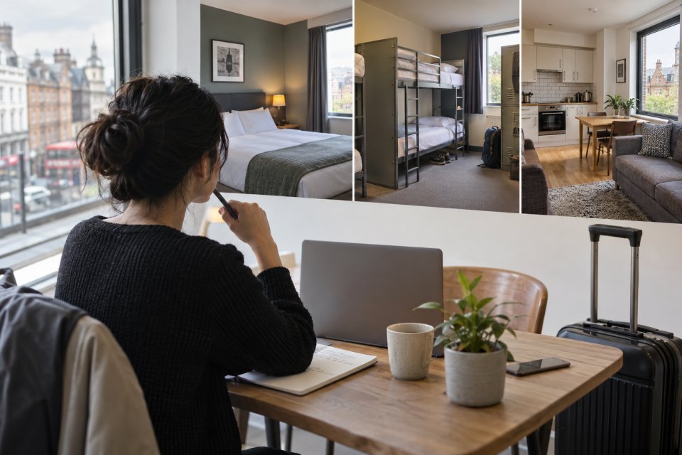 A business traveller compares a hotel, hostel and apartment in Britain