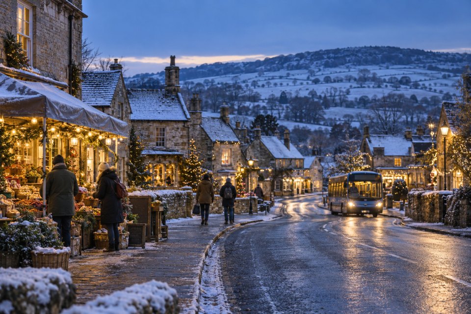 A wintry British village with festive lights, a local market and an arriving bus