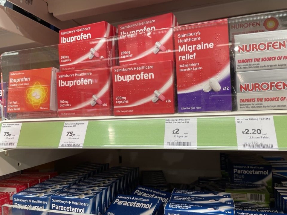 Painkillers on a UK supermarket shelf with 75p and £2.20 price labels