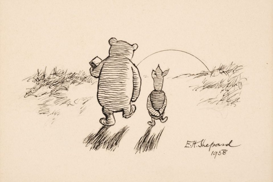 Winnie-the-Pooh and Piglet walking away in an ink drawing signed and dated 1958 by E. H. Shepard