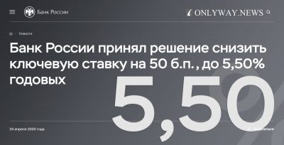 Банка России 24 апреля 2020 года принял решение снизить ключевую ставку на 50 б.п., до 5,50% годовых.