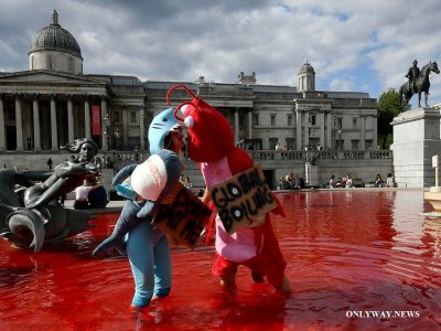 Vegan activists turn Trafalgar Square fountains blood red.