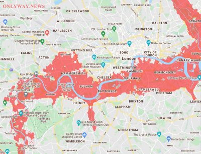 Карте наводнений Лондона, районы будущих затопления к 2030 году‎