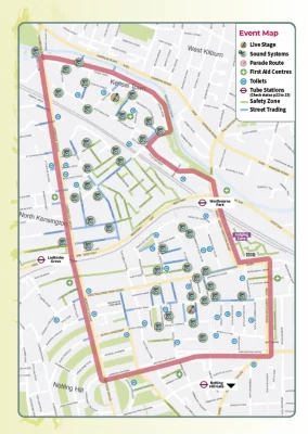 Карта событий 2022 года для карнавала в Ноттинг-Хилле, включая маршрут парада в красном цвете.